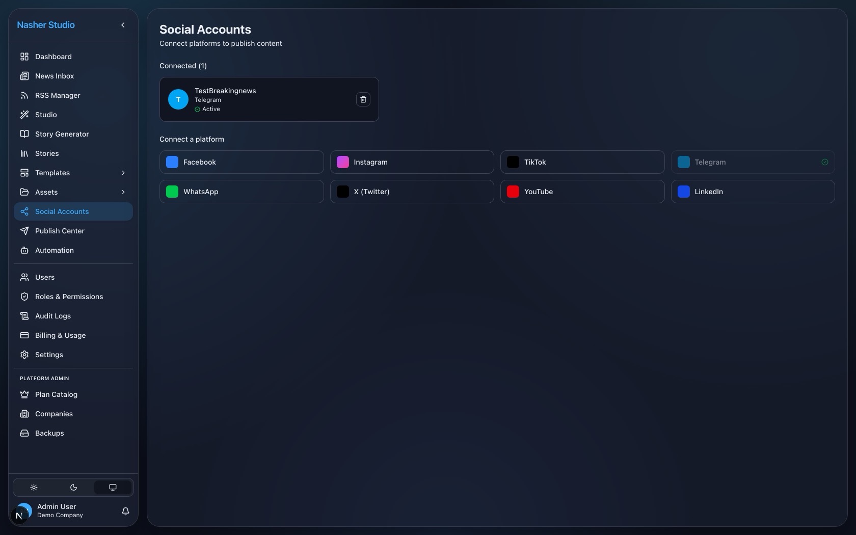 Nasher Studio social accounts — 8 connected publishing platforms