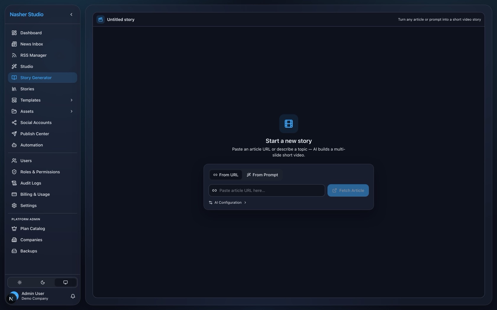 Nasher Studio story generator — start a new story from a URL or prompt