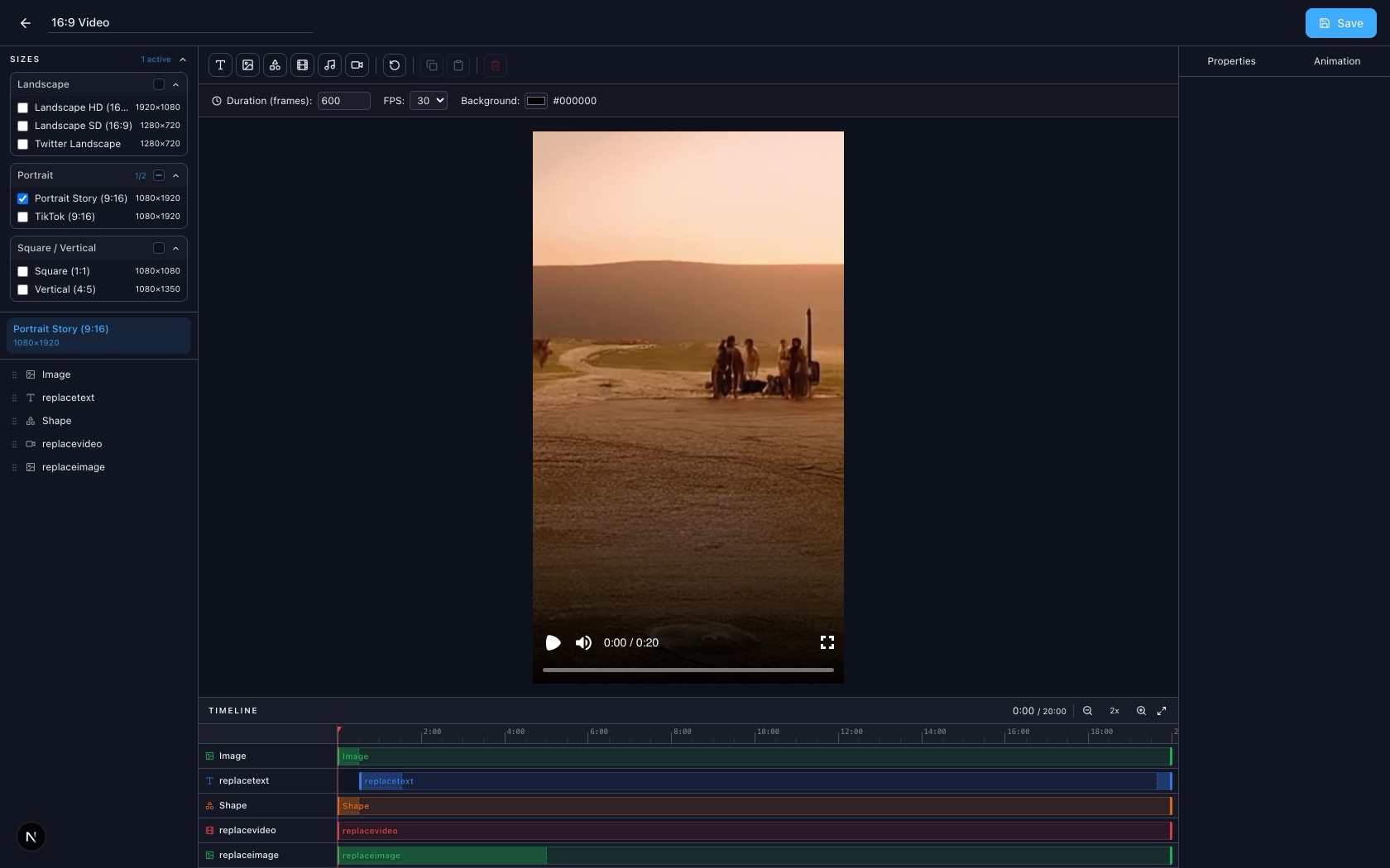Nasher Studio video template editor with timeline and layers